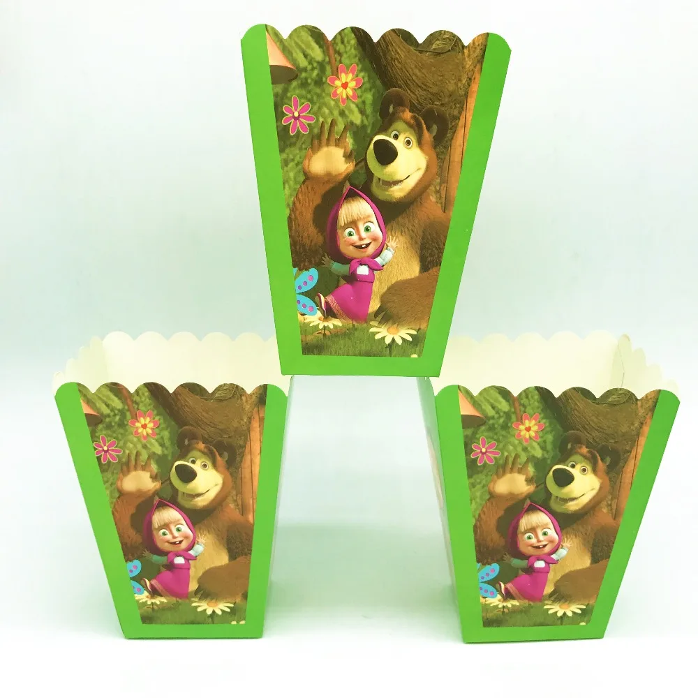 6 шт. 14*9*6 см тематические коробки для попкорна с изображением Маши и медведя детские одноразовые коробки для попкорна на день рождения для девочек