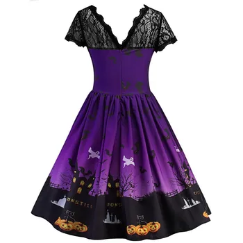 

dress women Short Sleeve Halloween Retro Lace Vintage A Line Pumpkin Swing mini party Dresses ropa mujer