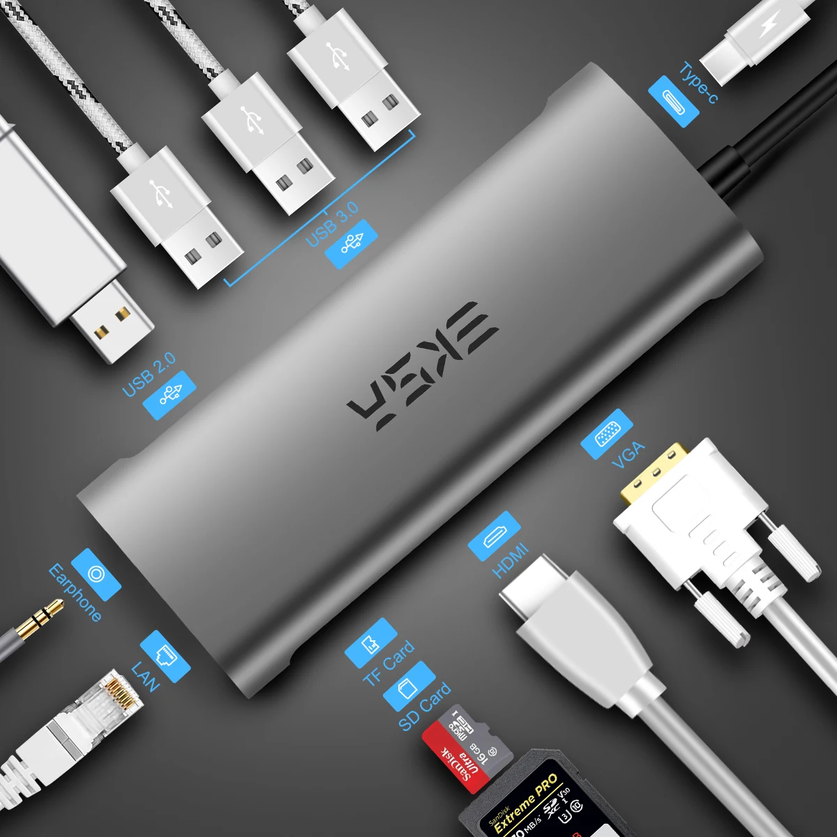 EKSA HUB USB C a USB 30 de 20 RJ45 VGA HDMI adaptador Dock para MacBook Pro Samsung Huawei USB-C ti