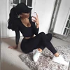 Women Autumn Cotton Sportwear Legging Elastic Comfortable High Waist Leggin +Long Sleeve Crop Tops 2pcs/set 1