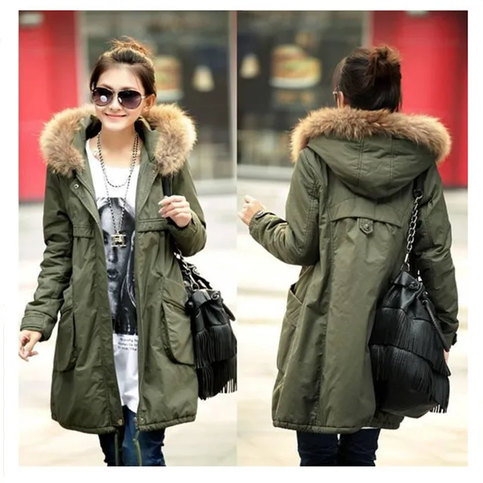 2014 Women's Cotton Padded Jacket Raccoon Fur Collar Army