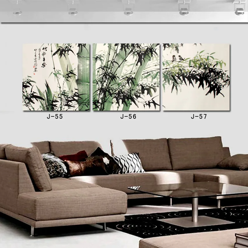 3 Piece Canvas Wall Chinese Bamboo Painting Stretched Art Wall Pictures for Living Room Unframed