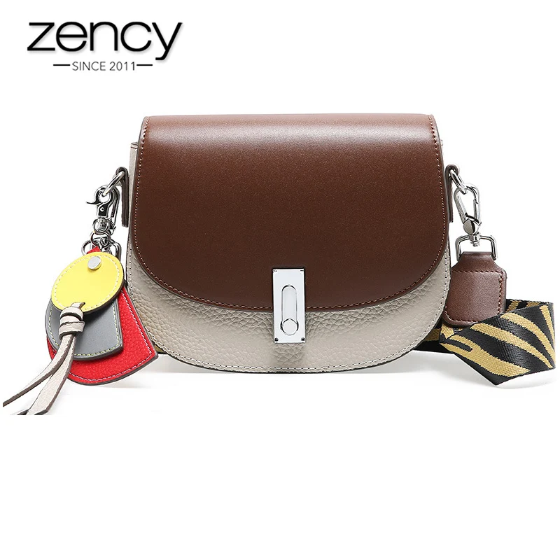 

Zency Wild Fashion New Favorite Women Saddle Bag 100% Genuine Leather Brown Handbag Round Crossbody Shoulder Bag Panelled Colors
