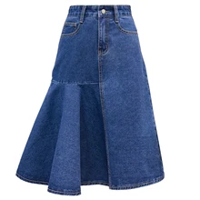 Джинсовые юбки размера плюс 2XL, женские синие тянущиеся юбки с высокой талией, юбка в стиле «рыбий хвост» до колен, джинсовая юбка «русалка»