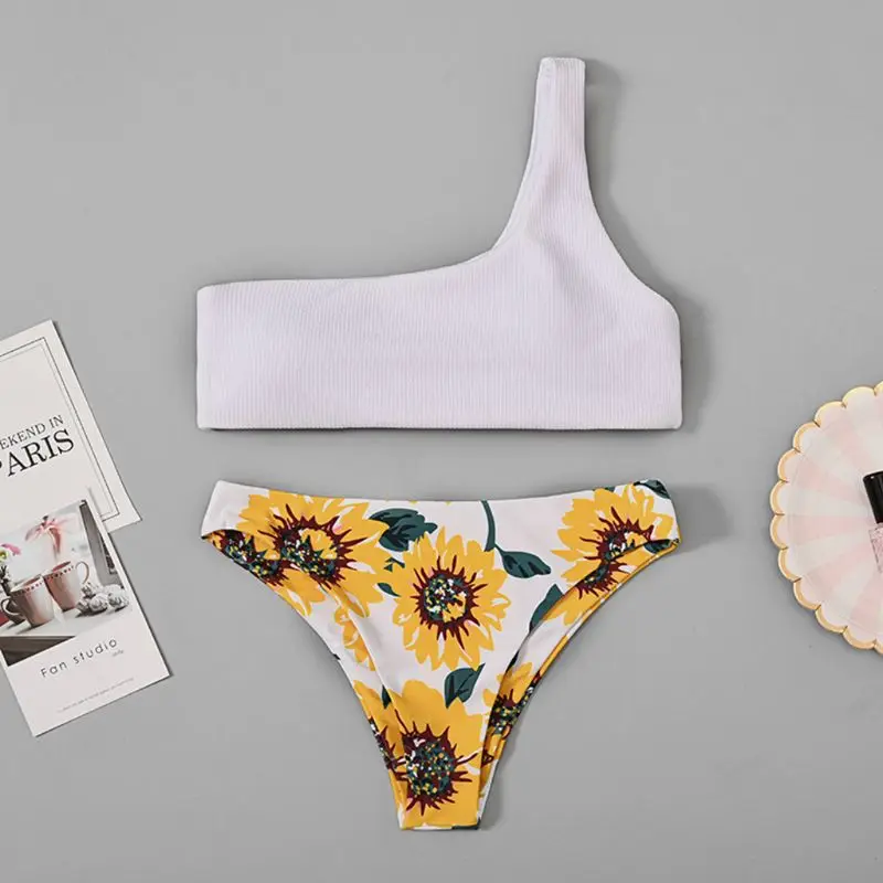 

2019 Women Swimsuit Sunflower Printed One Shoulder Bandeau Padded Bikini Swimming Suit Swimwear Set