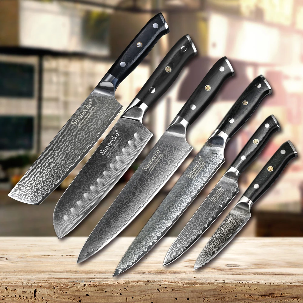 Sunnecko 6PCS Knife Set Japanese VG10 Damascus Steel Blade Chef Slicer