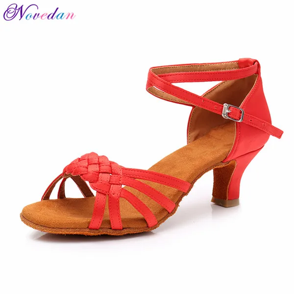Женская обувь для девочек, красный, белый каблук средней высоты, 5 см, 7 см, атлас, танго, Самба, латинский, бальный, сальса, танцевальная обувь для женщин - Цвет: Red 5cm Heel