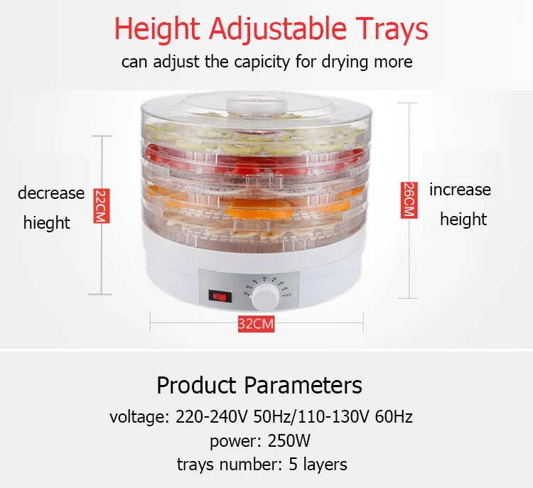 Осушитель для пищевых продуктов, сушеные фрукты, овощи, травы, мясо домашних животных, сушильная машина, пять слоев, сушилка для закусок, воздуха, 5 лотков, 110 В, 220 В, штепсельная вилка европейского и американского стандарта