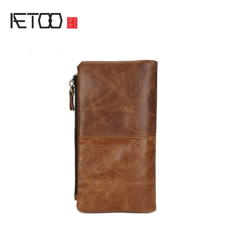 

BJYL Oil Wax Leather Long Wallets Men Handmade Retro Zippers Removable Handbags Leather Wallet New Vintage