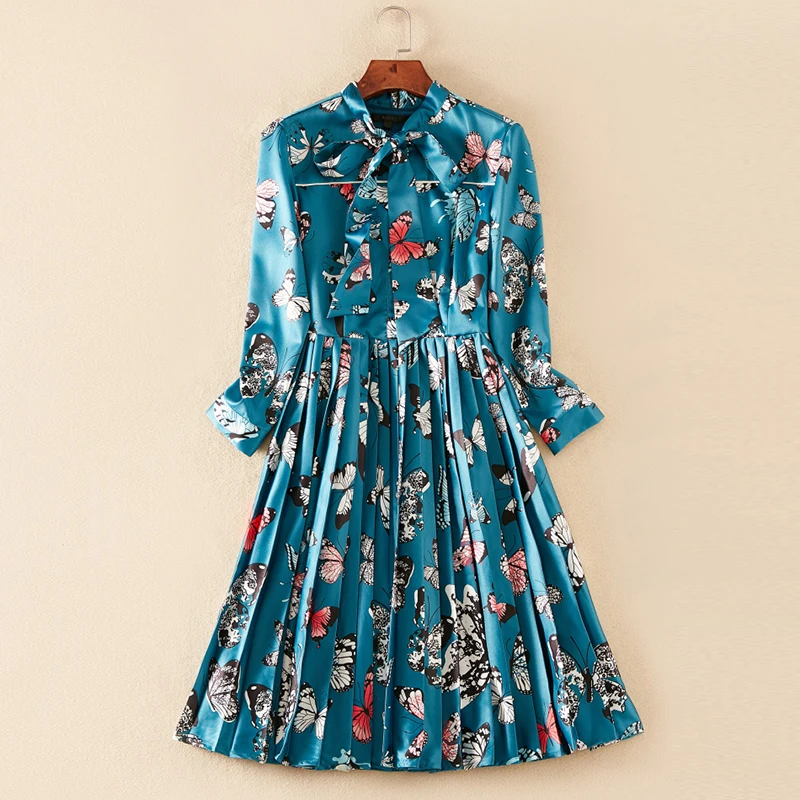 New Arrival Pretty Print Pleated Dress For Women Three Quarter Sleeve O_neck Bow Cute Blue | Женская одежда