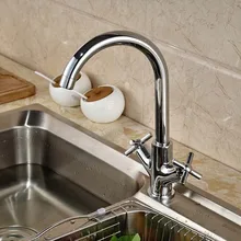 Chrome кухня Faucet двойной крест ручки сосуд раковина смеситель поворотный носик бортике