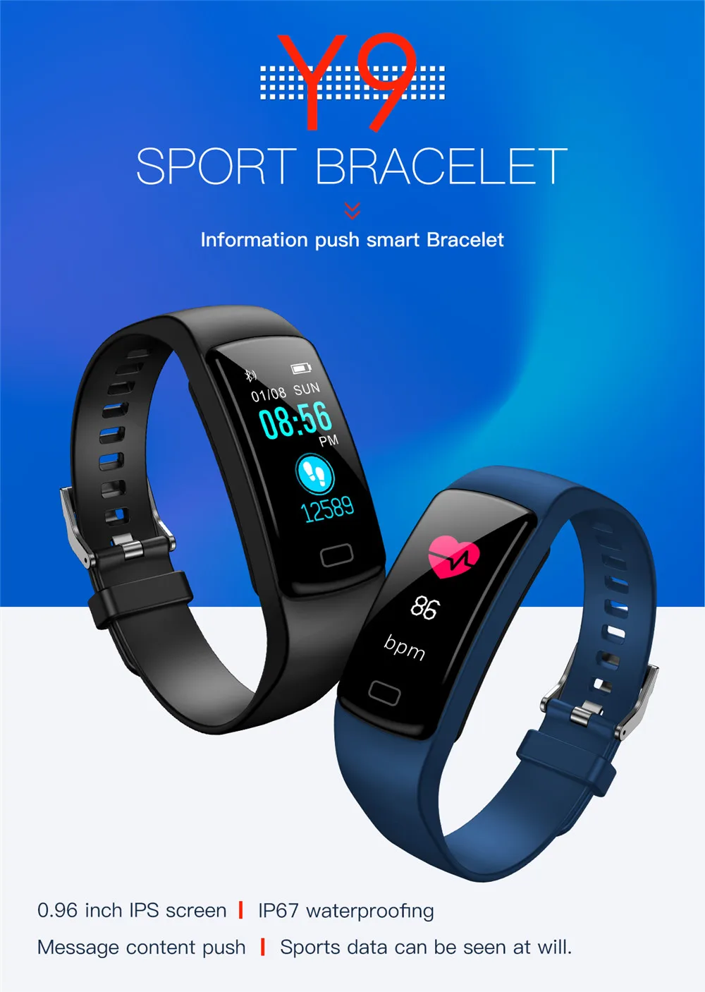 Interpad Смарт-часы Y9 спортивный браслет монитор сердечного ритма часы фитнес-трекер Смарт-браслет для IOS PK Mi Band 3