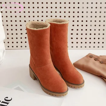 

Japanese style sweet warm winter plush round head mid calf boots slip-on high heel thick snow boots women's shoes big size