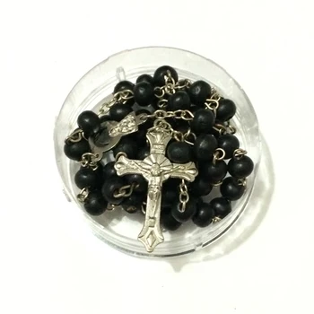 

wholesale 12pcs/lot mix color Black Wooden Beads Rosary Necklace Virgin Mary & Jesus Connector Wood Cross free ship