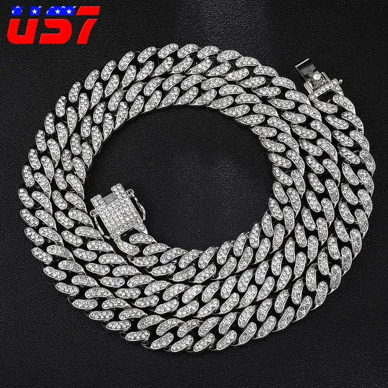 

US7 Full Ice out cuban link Chain Necklace for Men Micro Miami Cuban Chain Choker Necklace Crystal Clasp Fashion Rapper Jewelry