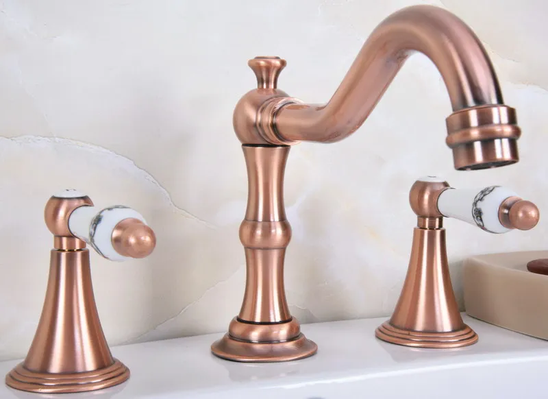 

Widespread Antique Red Copper Bathroom Sink Faucet 3 Hole Deck Mounted Dual Handle Hot Cold Water Mixer Tap zrg071