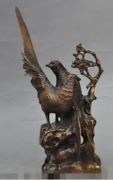 

S3504 11"China Folk Bronze Lucky Pied magpie Bird On Plum Blossom Tree branch Statue