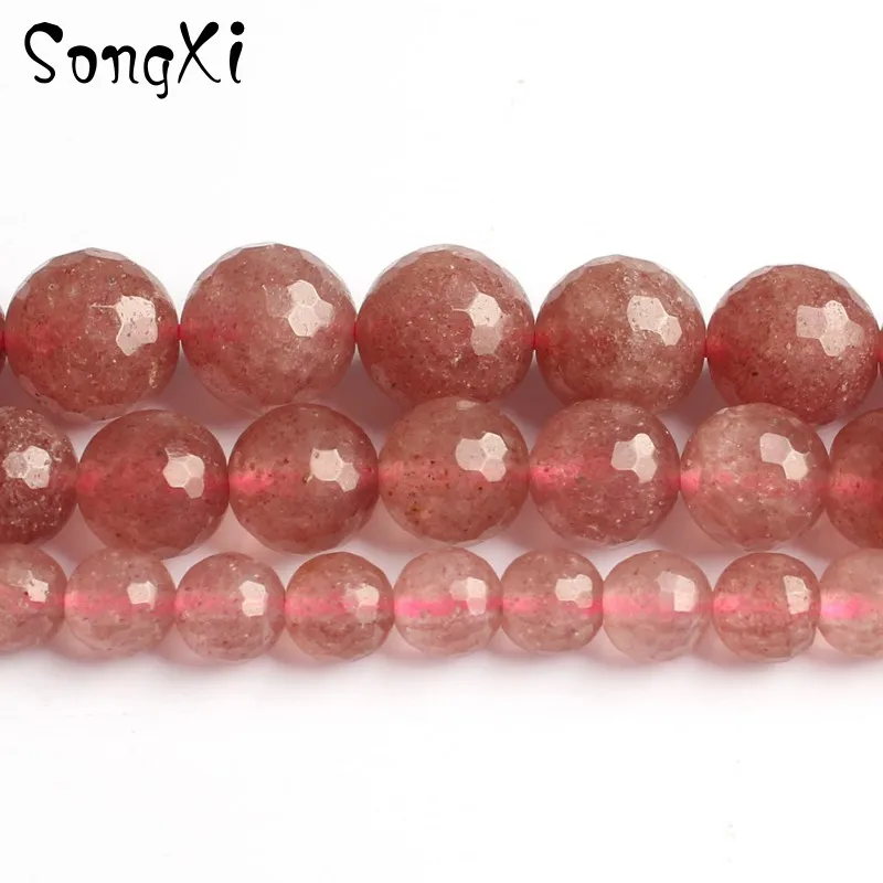 

Natural Faceted Strawberry Quartz Round Loose Stone Beads DIY Bracelet Necklace Women 6/8/10mm 15'' For Jewelry Making Wholesale