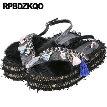 

Flat Flatform Designer Shoes Women Luxury 2017 Jewel Fringe Embellished Platform Chain Furry Sandals Glitter Fluffy Flower Nice