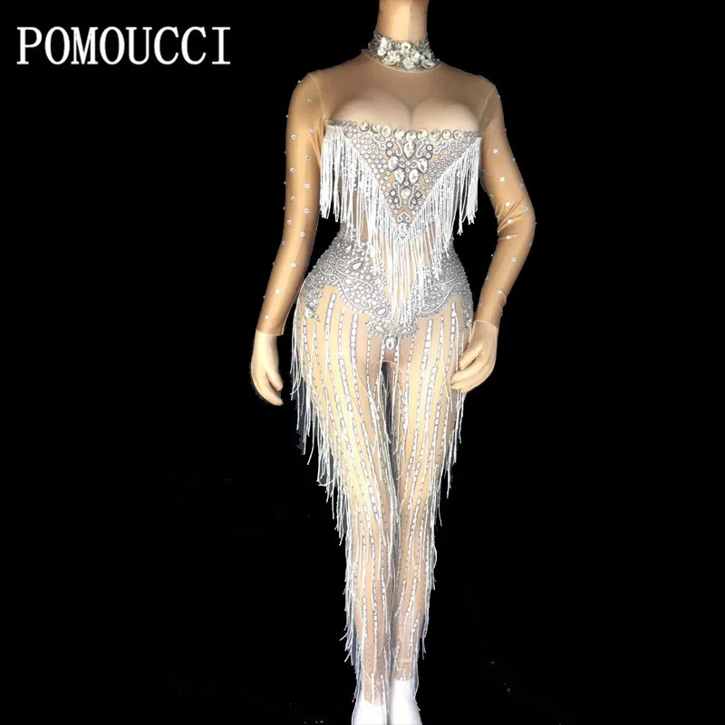 

Women female singer costume nightclub rhinestone collar dance jazz dance fringe tight body party birthday celebration Jumpsuit