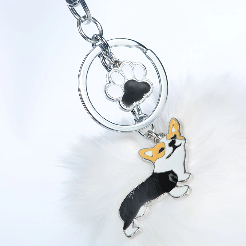 Брелок для ключей Welsh Corgi Pembroke из кроличьего меха с помпоном сплава мужчин и
