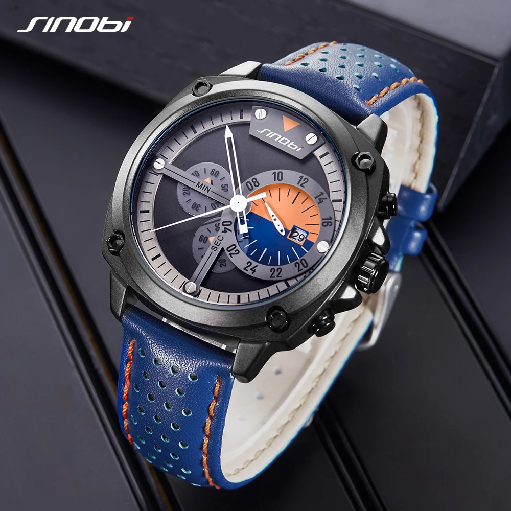 

SINOBI Men Watches Creative Watch Military Chronograph Blue Leather Army Watch Men's Japanese Quartz Wristwatches Clock Quality