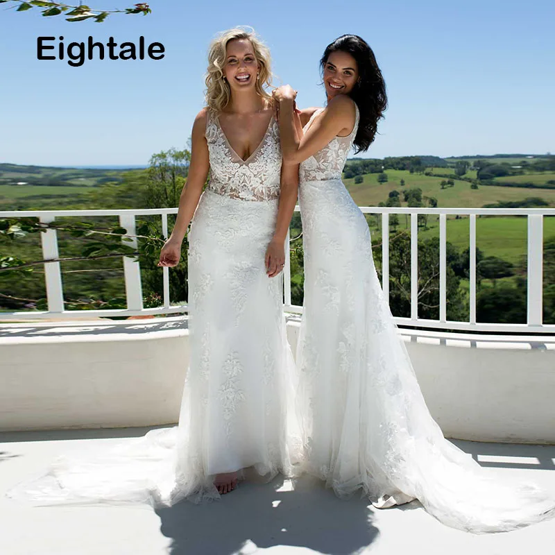 

Eightale Beach Wedding Dresses Plus Size V-Neck Mermaid Wedding Gowns Sexy Backless White Ivory Summer Boho Bride Dress 2019