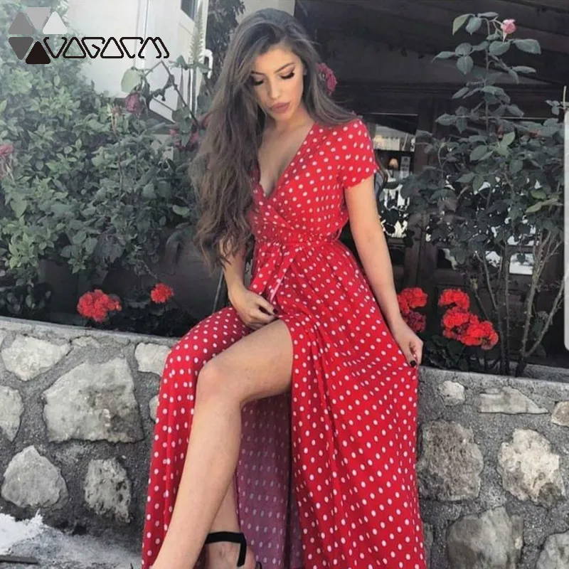 

2019 Summer Vintage Women Wave Point Long Dress V-neck Short Sleeve Sexy Evening Party Dress Vestidos Mujer Plus Size Dresses