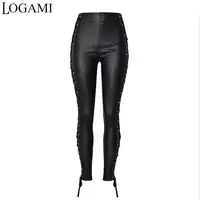 LOGAMI High Waist Womens Faux Leather Pants Lace Up Women Skinny Pu Leather Pants Trousers Black