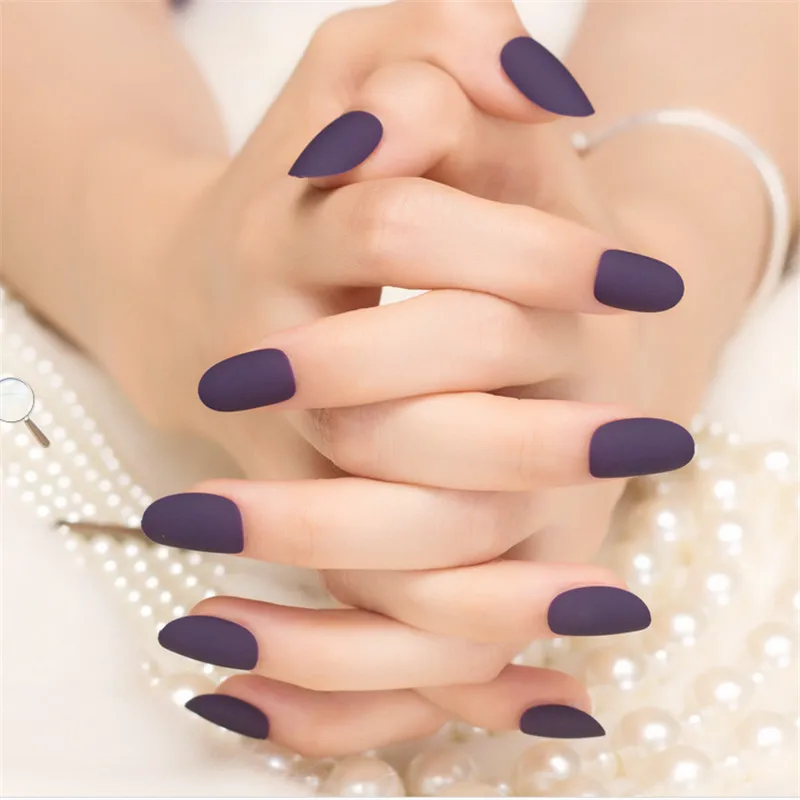 24PCS Light Deep Purple Color False Nails Full Wrap Curve Press on Nail Art Tips Fake Nail in