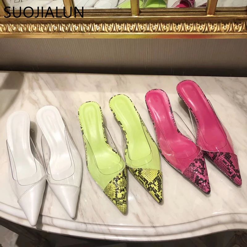 

SUOJIALUN 2019 New Summer Women Mules Slipper Candy Colors Snake Slip On Pointed Toe Women Sandal Pointed Toe Sandal Slides