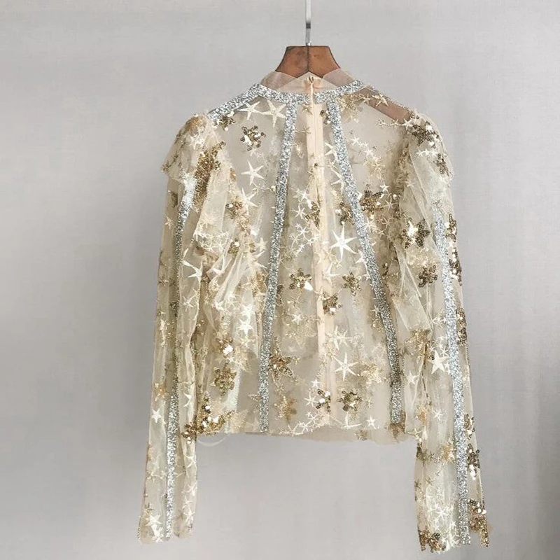 2019 Summer Women Stars Sequined Blouse Mesh