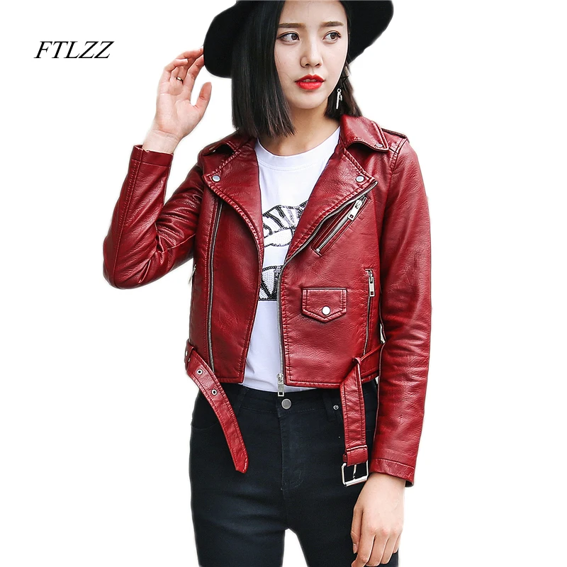 Kaufen Ftlzz Pu Leder Jacke Frauen Mode Helle Farben Schwarz Motorrad Mantel Kurze Faux Leder Biker Jacke Weiche Jacke Weibliche