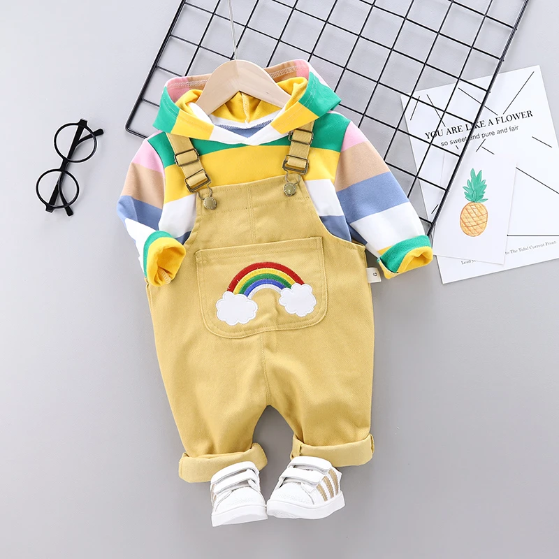

Autumn Fashion Baby Boys Girl Clothes Children Hoodie Candy Colors Shirt Rainbow Strap Pants Sets Kids Toddler Cotton Tracksuits