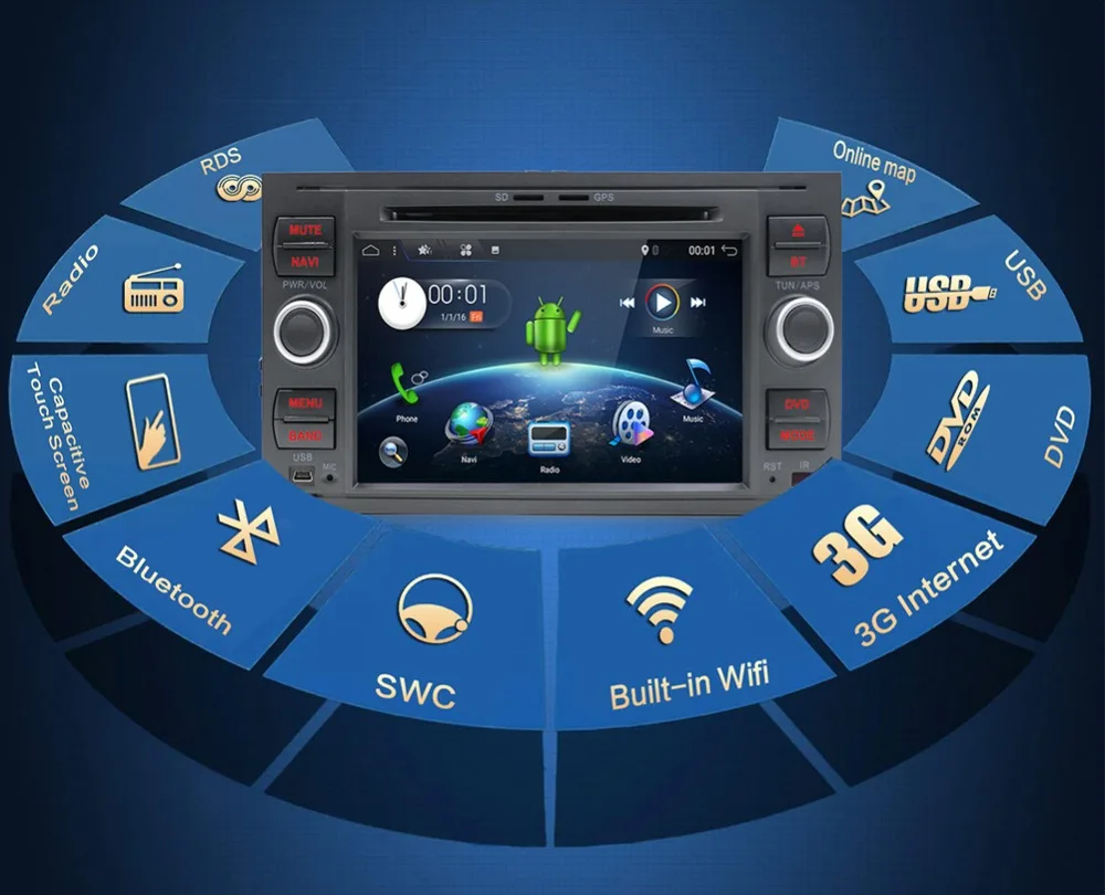 Top Android 9.0 Octa core Two Din 7 Inch Car DVD Player For Ford/Mondeo/Focus/Transit/C-MAX/S-MAX/Fiesta RAM 2G GPS Navigation Radio 2