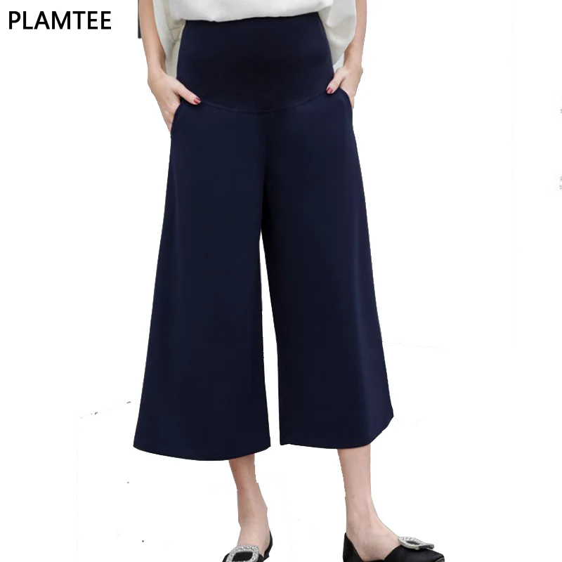 

Solid Color Wide Leg Cropped Pants For Maternity Women M-2XL Loose Care Belly Pregnancy Capri Pantalones Thin Hamile Giyim