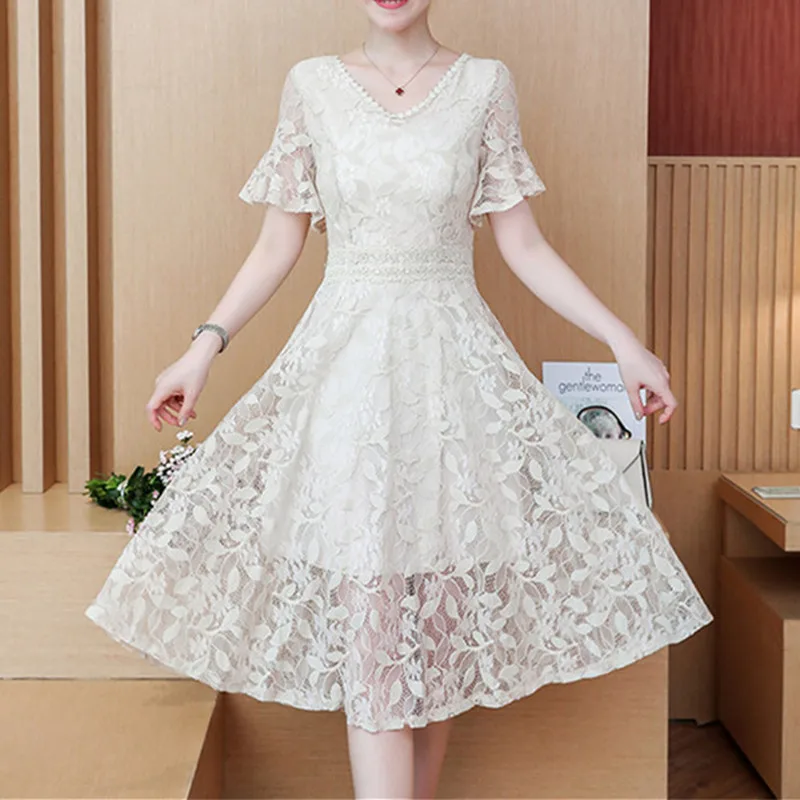 

Women Vintage Lace Dress 2018 Spring Summer Elegant V-Neck Long Party Dresses Sweet A-Line Short Sleeve Vestido 4 Colors
