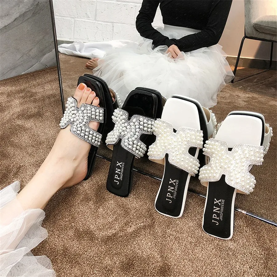 

Pearl Women Slippers Summer Outdoor 2019 New Drill Flat Female Rhinestone Flip Flops Sexy Slippers Diamonds Beach Anti-Skid