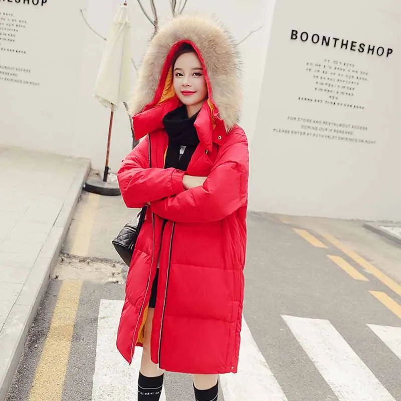 

2019 new hooded fur long down cotton jacket female in the with thick loose cotton jacket quality coat winter down jacket