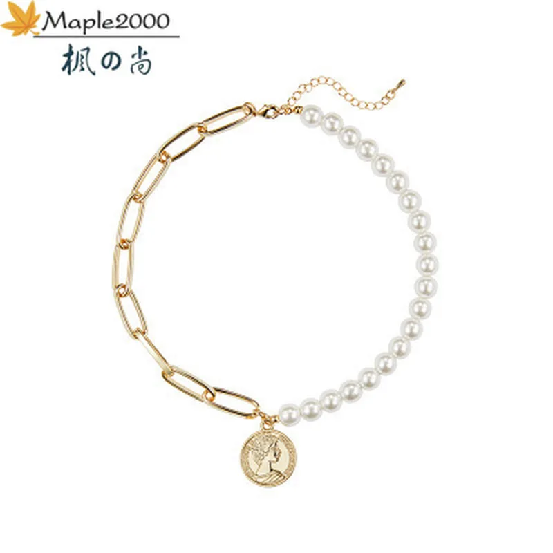 

layered necklaces pearl pendant stainless steel necklace cross queen coin female short necklace choker