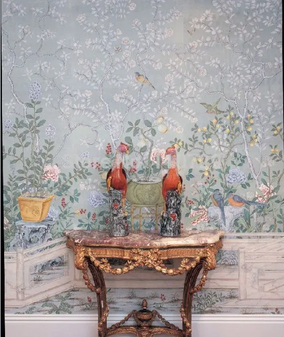 

Classic elegant Hand-painted silk wallpaper painting flowers with birds and fence many patterns and background optional