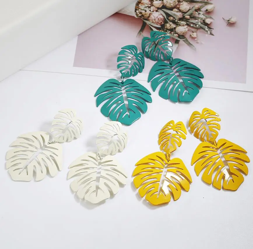 

popular big leaf charm drop earrings mix color enamel summer style women dangle earrings one pair xye305