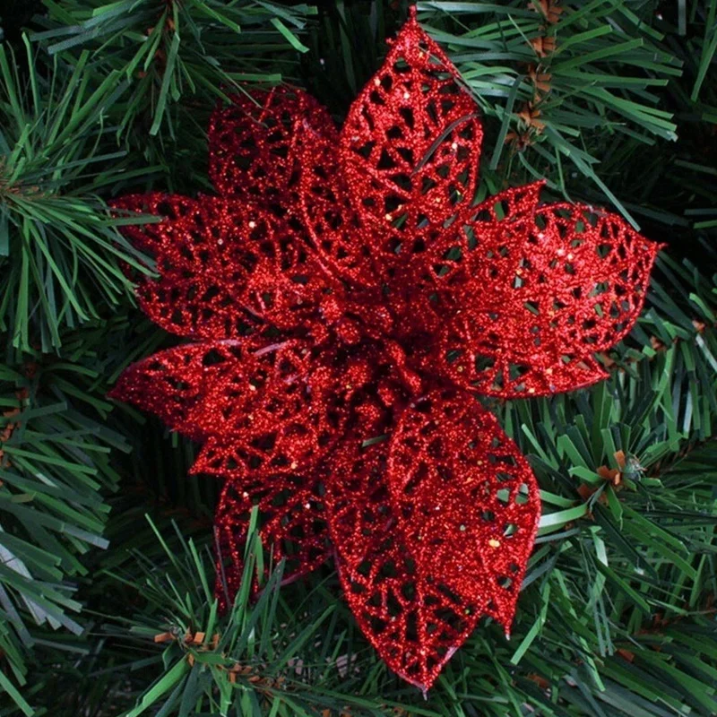 10 шт./лот, украшения для рождественской елки, блестящий полый искусственный цветок, рождественские украшения для дома, украшение на свадьбу, год