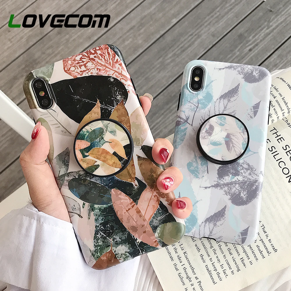 

LOVECOM For iPhone XR XS Max iPhone 7 Case Retro Leaf Flexible Holder Cover For iPhone 7 8 Plus Soft Full Body Protector Shell