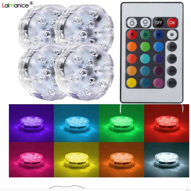 

10Leds Remote Control RGBW Submersible Led Light Battery Underwater Night Lamp Vase Bowl Outdoor Garden Party Waterproof Decor