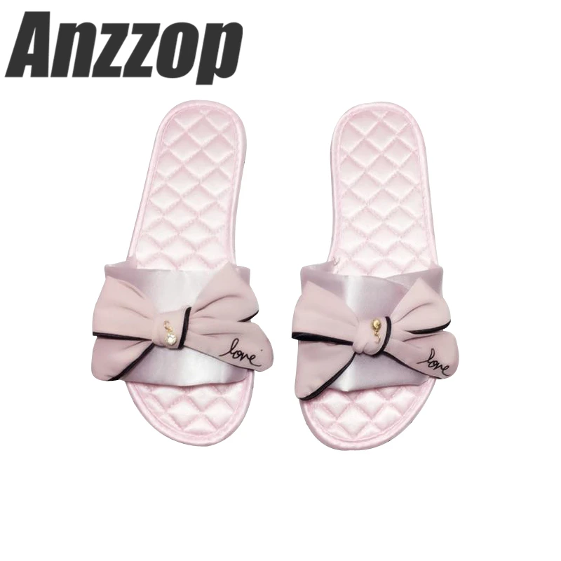 

ANZZOP 2019 Korean version of INS wind home cute non-slip soft bottom slippers retro bow satin plaid Japanese word drag women