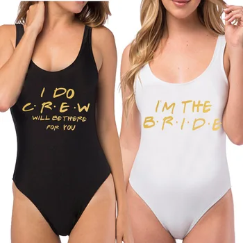 

Golden Printed Bride "I DO Crew" Beachwear Bridesmaid One Piece Swimsuit Maillots de bain femmes Bodysuit Lining Bikini