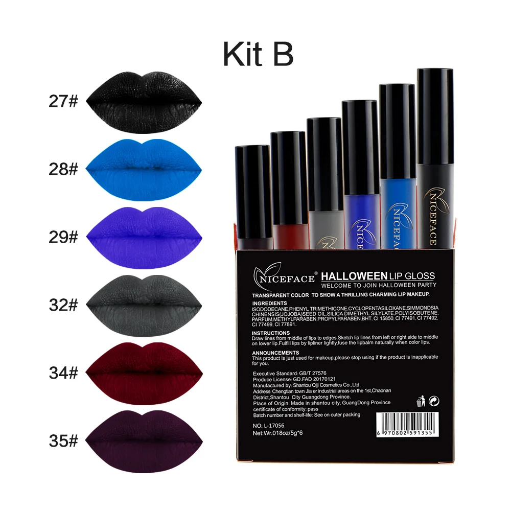 6 Pcs/Kit Liquid Lipstick Blue Halloween Lipgloss Kit Lip Makeup Sexy