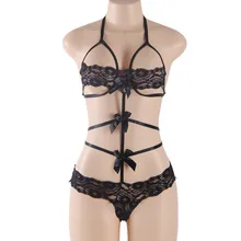 80102 Women exotic apparel bodysuit sexy lingerie hot black lace transparent open bust teddies bowknot erotic bodysuit women