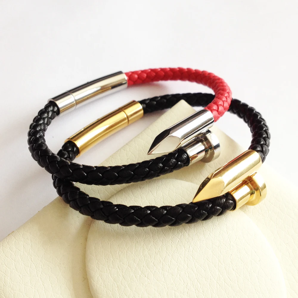 Classic Men Black/Red Genuine Leather Nail Bracelet with 316L Stainless Steel Gold Nail